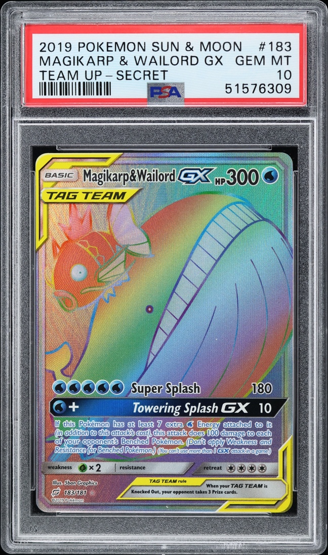 2019 Pokemon Sun & Moon Team Up Rainbow Rare Magikarp & Wailord GX #183 PSA 10 GEM MINT