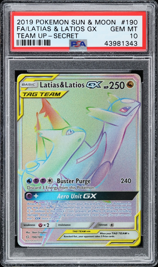 2019 Pokemon Sun & Moon Team Up Rainbow Rare Latias & Latios GX #190 PSA 10 GEM MINT