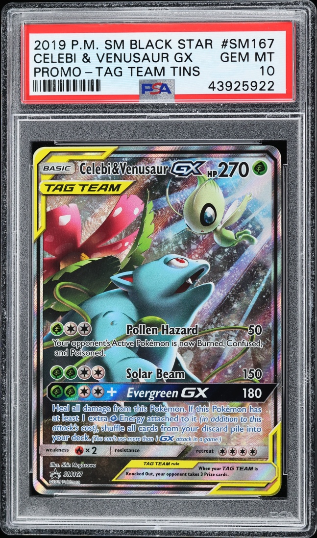 2019 Pokemon Sun & Moon Promo Tag Team Tins Full Art Celebi & Venusaur GX #SM167 PSA 10 GEM