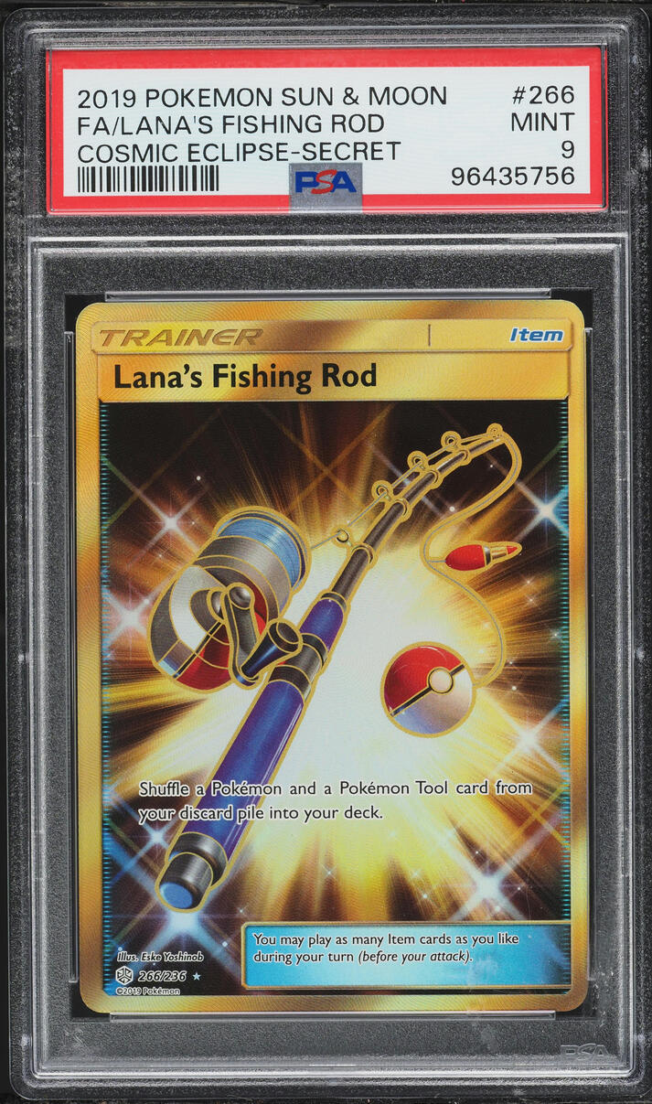 2019 Pokemon Sun & Moon Cosmic Eclipse Full Art lana's Fishing Rod #266 PSA 9 MINT