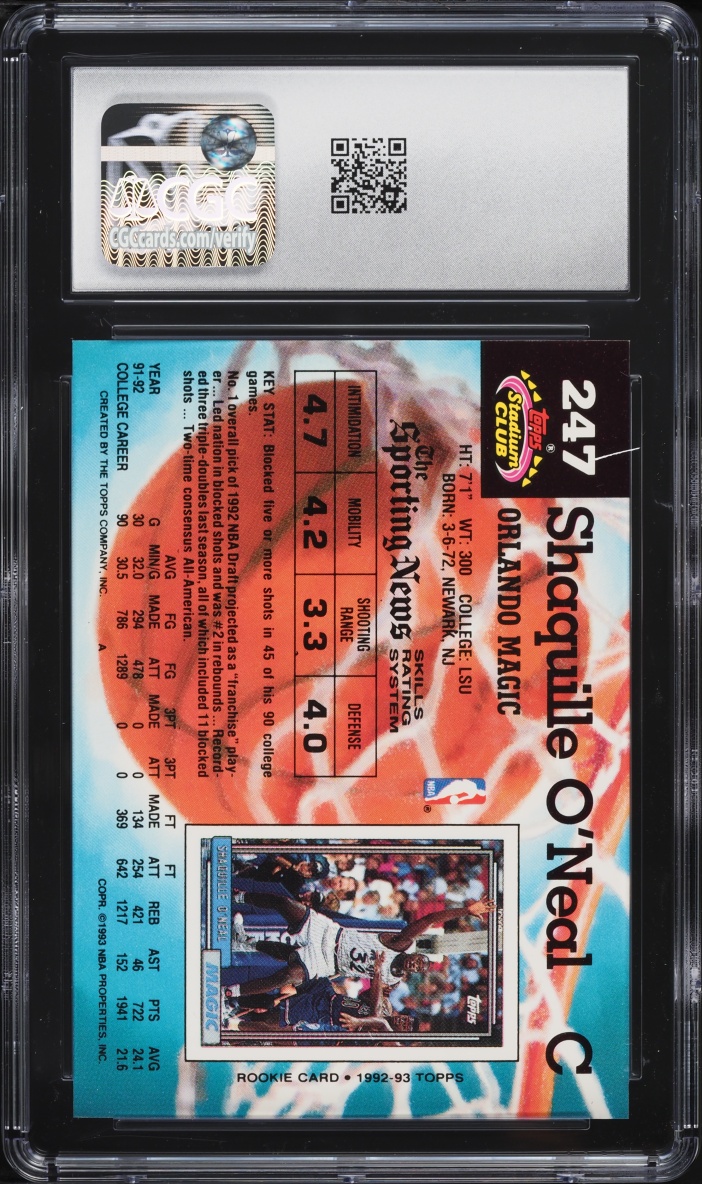 1992 Stadium Club Members Only Shaquille O'Neal ROOKIE #247 CGC 10 GEM MINT