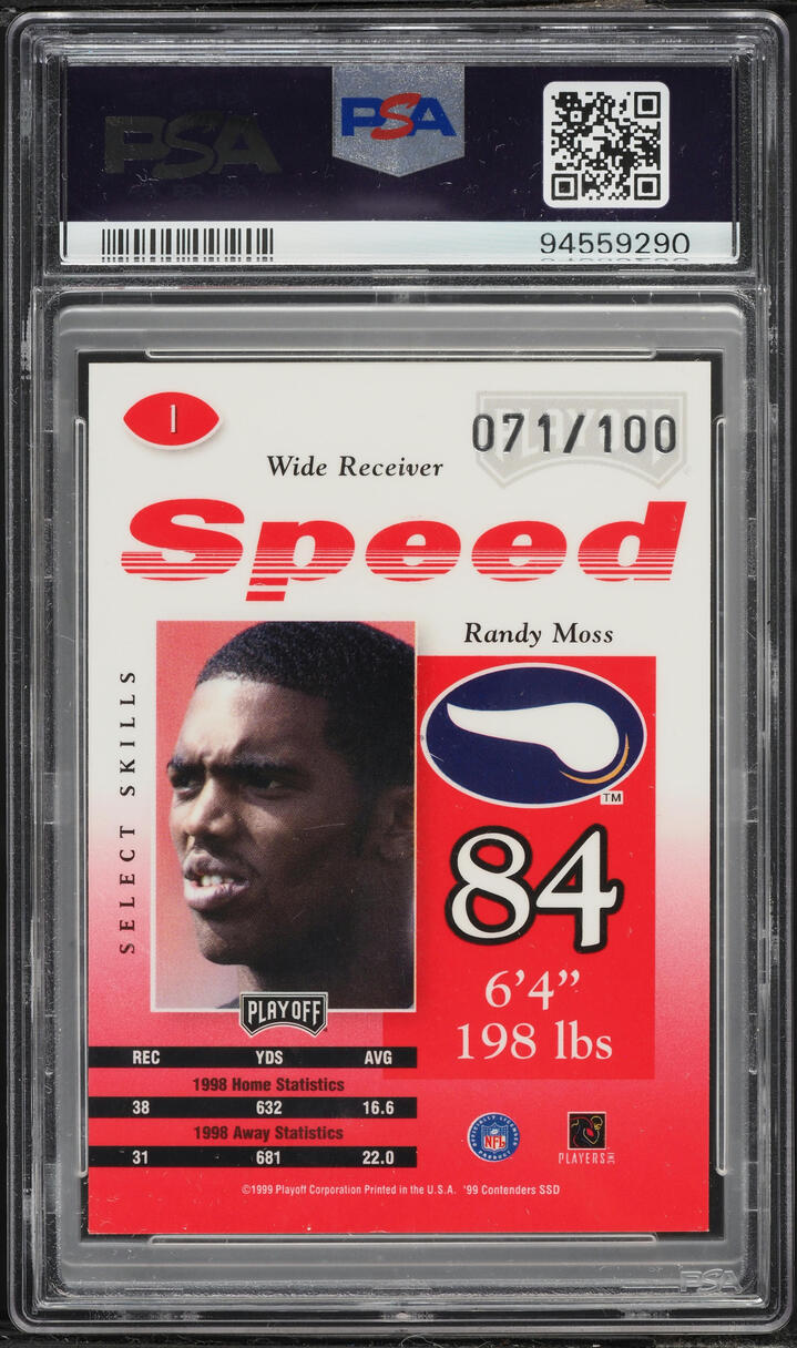 1999 Playoff Contenders Speed Red Randy Moss /100 #1 PSA 9 MINT - Photo 2