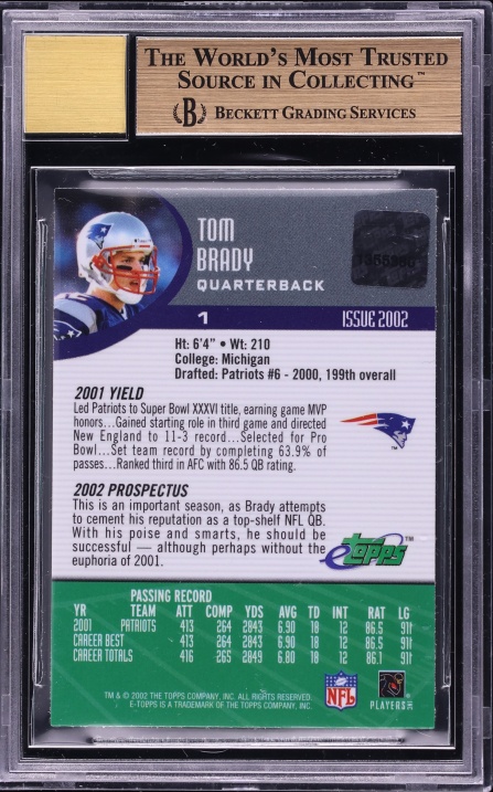 2005 Etopps Football Tom Brady AUTO /155 #TB1 BGS 9.5 GEM MINT