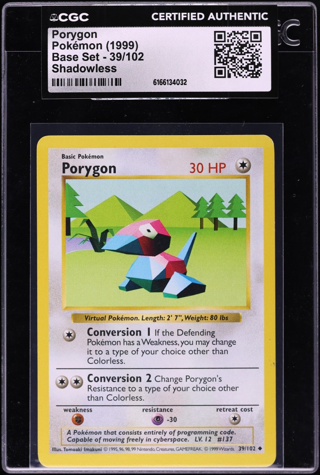 1999 Pokemon Base Set Shadowless Porygon #39 CGC AUTH