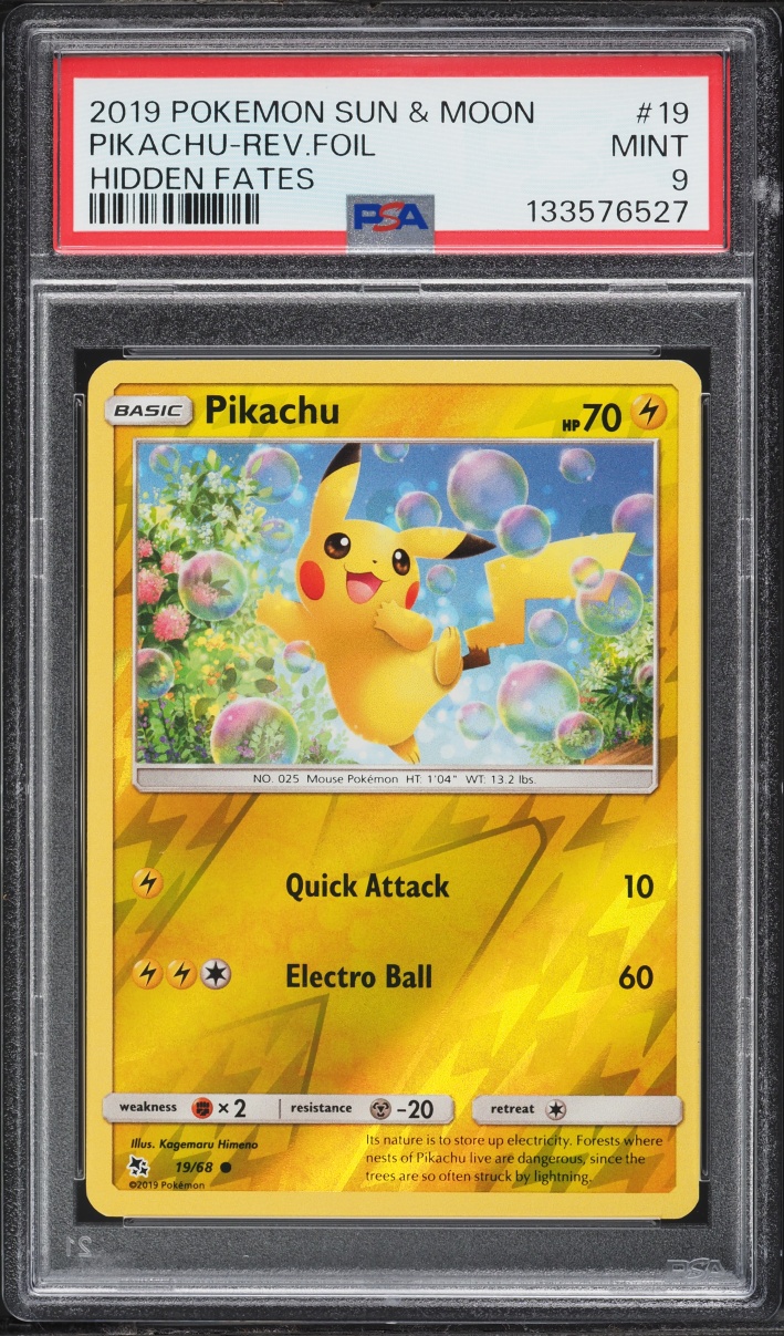 2019 Pokemon Sun & Moon Hidden Fates Reverse Holo Pikachu #19 PSA 9 MINT