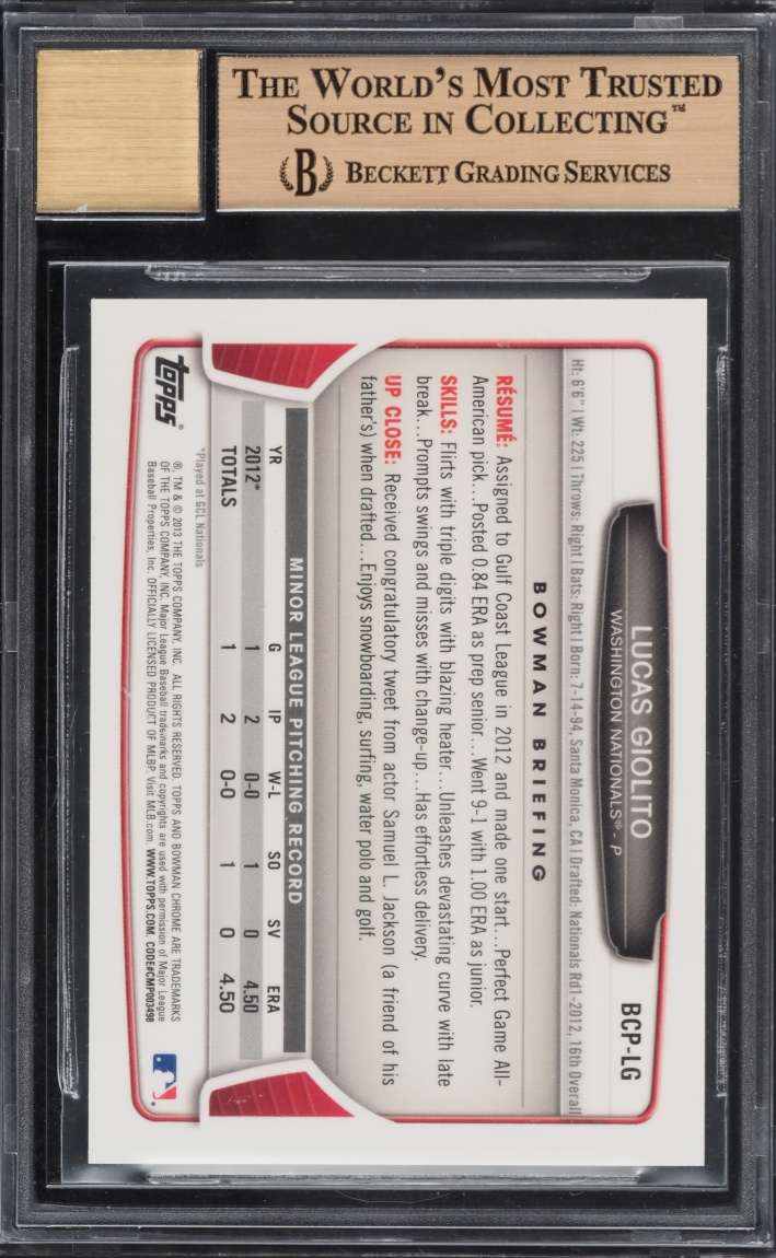 2013 Bowman Chrome Lucas Giolito PROSPECT AUTO #BCP-LG BGS 9.5 GEM MINT