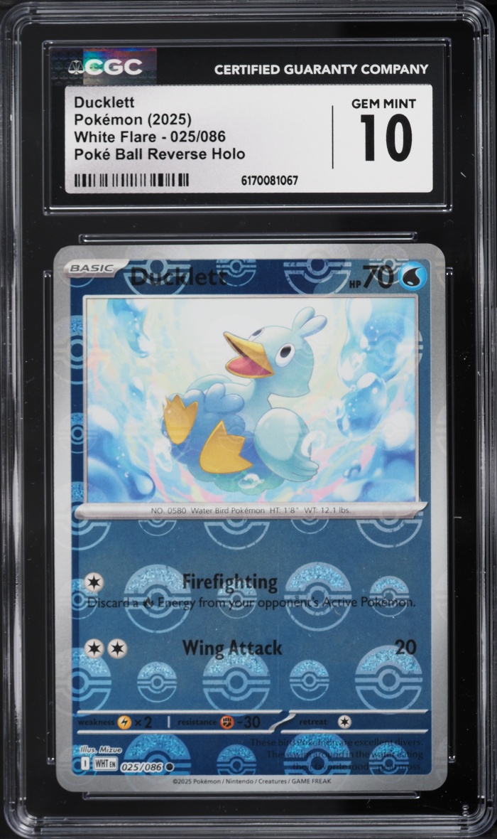 2025 Pokemon Scarlet & Violet White Flare Poke Ball Reverse Holo Ducklett #025 CGC 10 GEM MINT