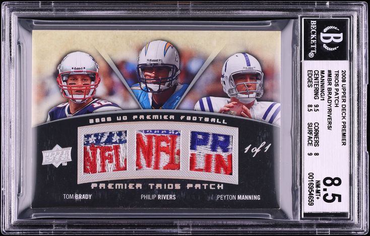 2008 UD Premier Trios Tom Brady Philip Rivers Peyton Manning NFL SHIELD PATCH 1/1 #MBR BGS 8.5