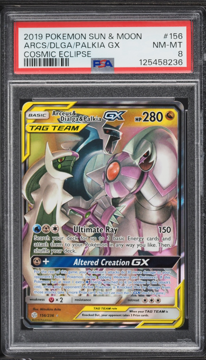 2019 Pokemon Sun & Moon Cosmic Eclipse Holo Arceus Dialga Palkia GX #156 PSA 8 NM-MT