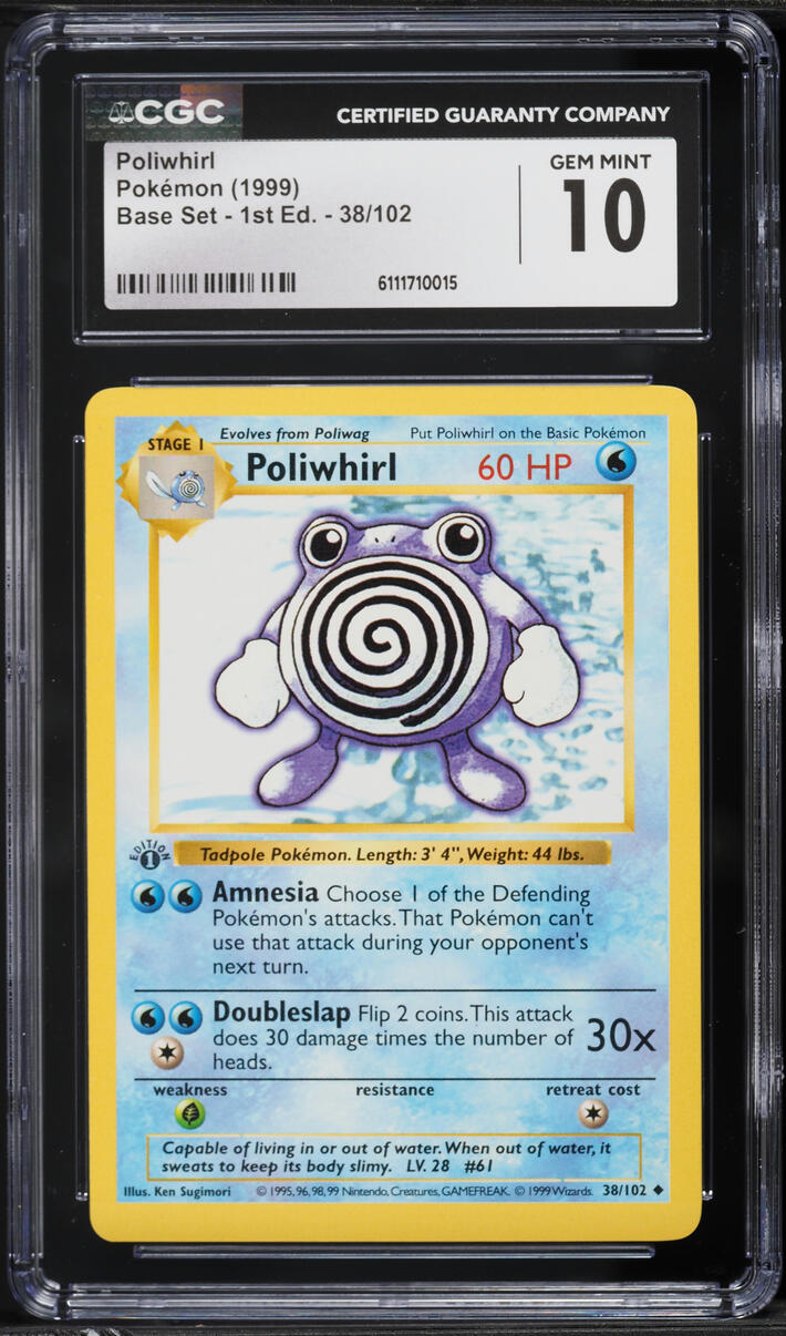 1999 Pokemon Base Set Shadowless 1st Edition Poliwhirl #38 CGC 10 GEM MINT