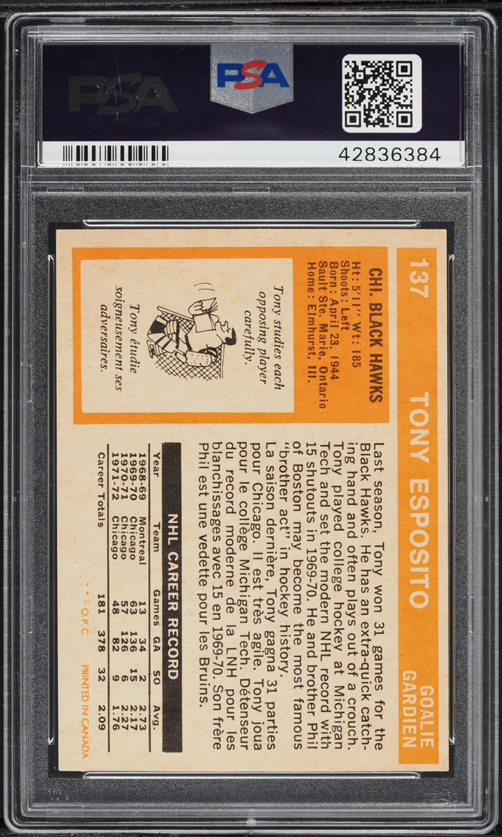 1972 O-Pee-Chee Hockey Tony Esposito #137 PSA 7 NRMT