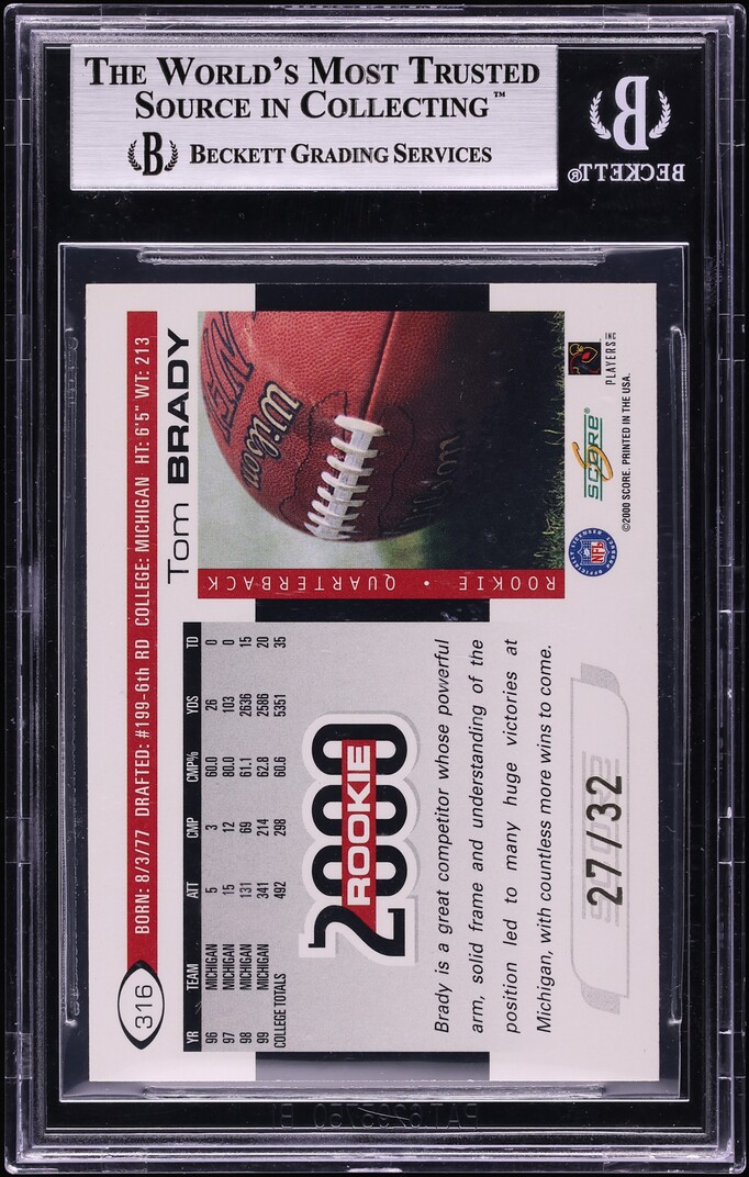 2000 Score Final Score Tom Brady ROOKIE /32 #316 BGS 8.5 NM-MT+