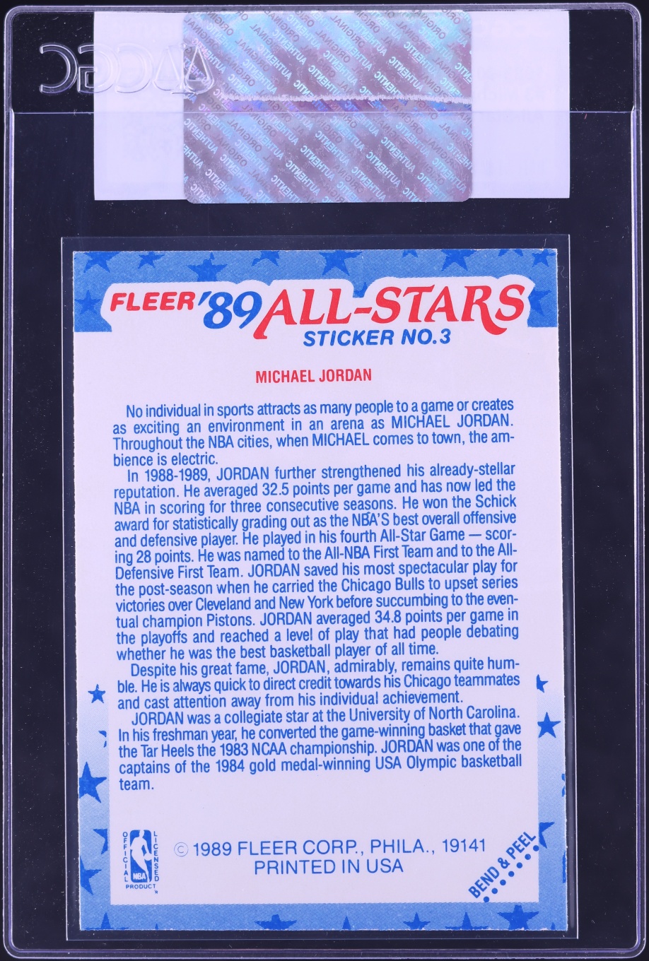 1989 Fleer Stickers All-Star Michael Jordan #3 CGC AUTH