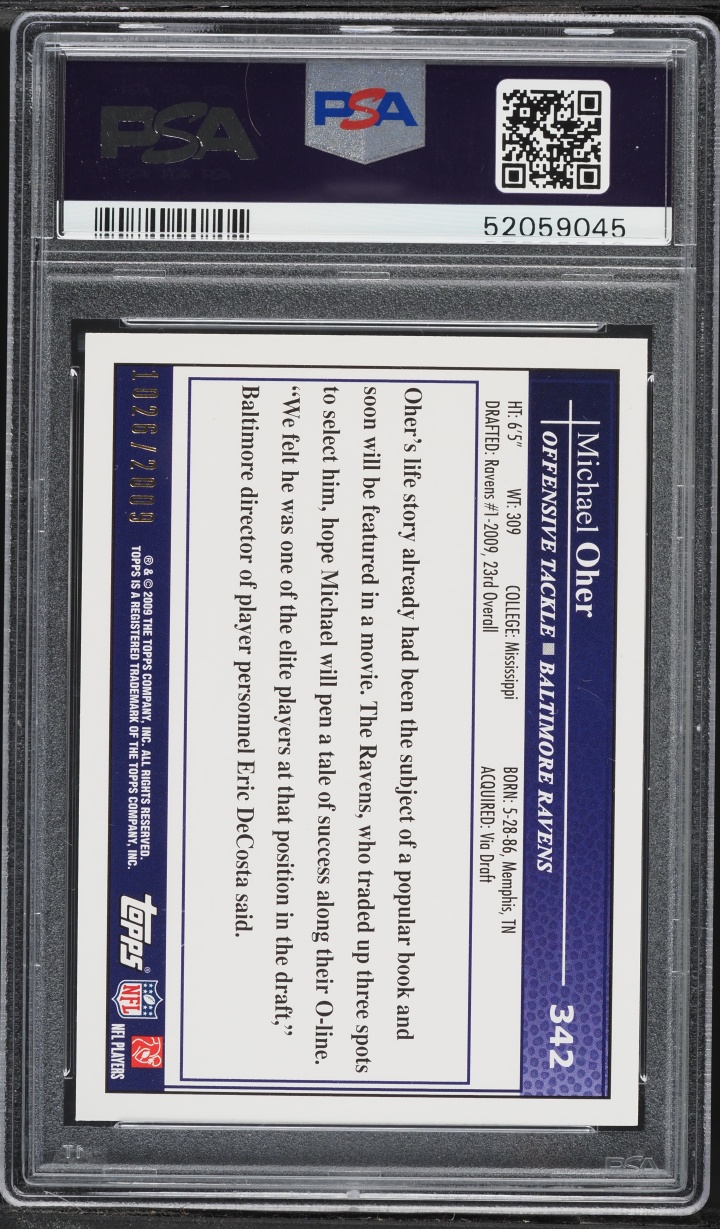 2009 Topps Gold Michael Oher ROOKIE /2009 #342 PSA 9 MINT
