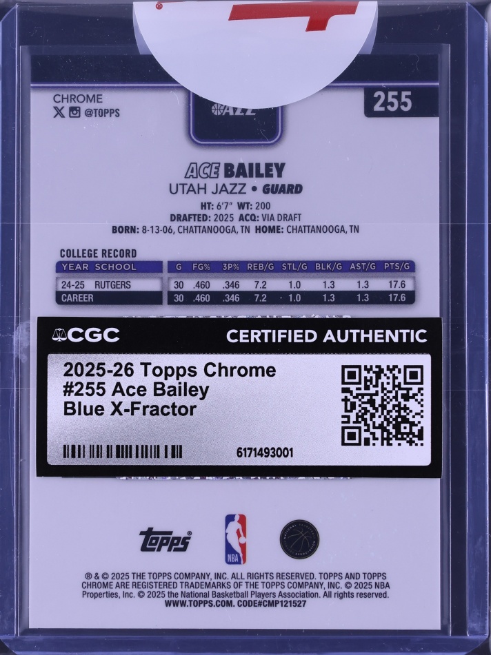 2025 Topps Chrome Blue Xfractor Ace Bailey ROOKIE #255 CGC AUTH