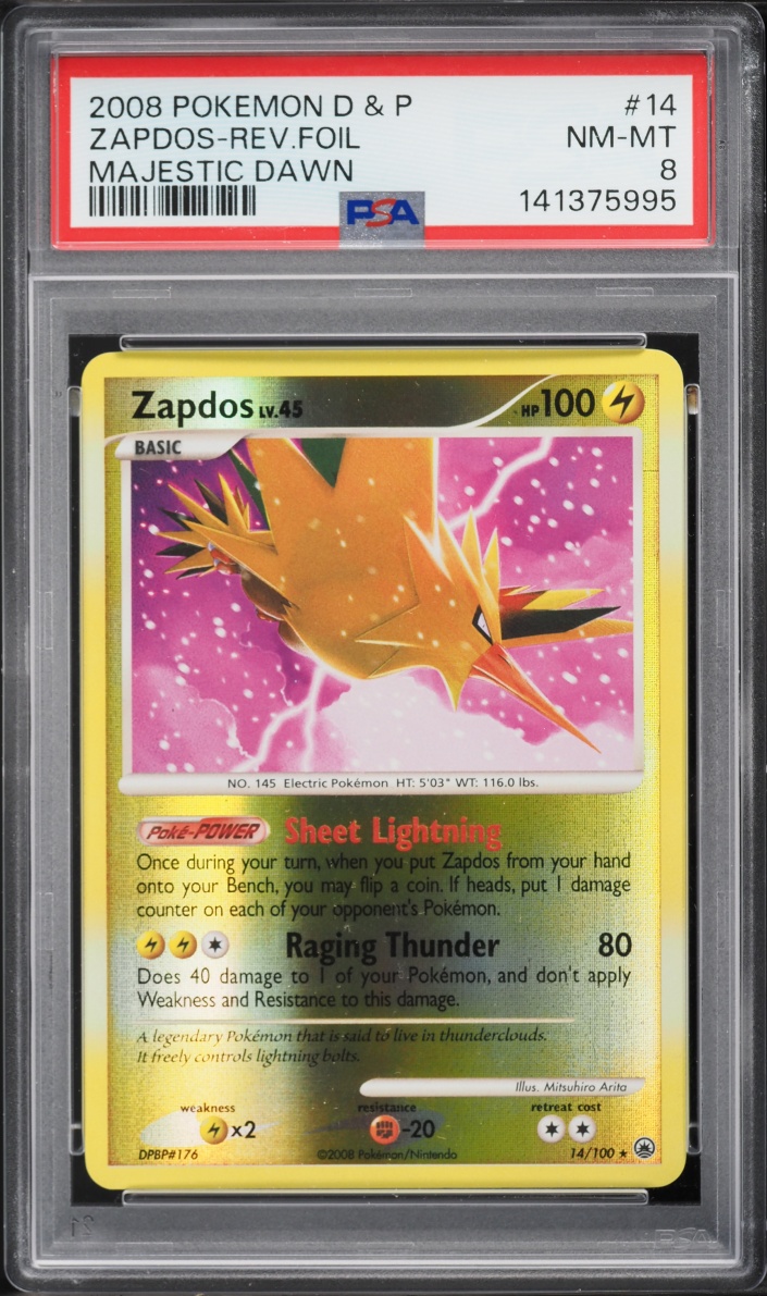 2008 Pokemon Diamond & Pearl Majestic Dawn Reverse Foil Zapdos #14 PSA 8 NM-MT