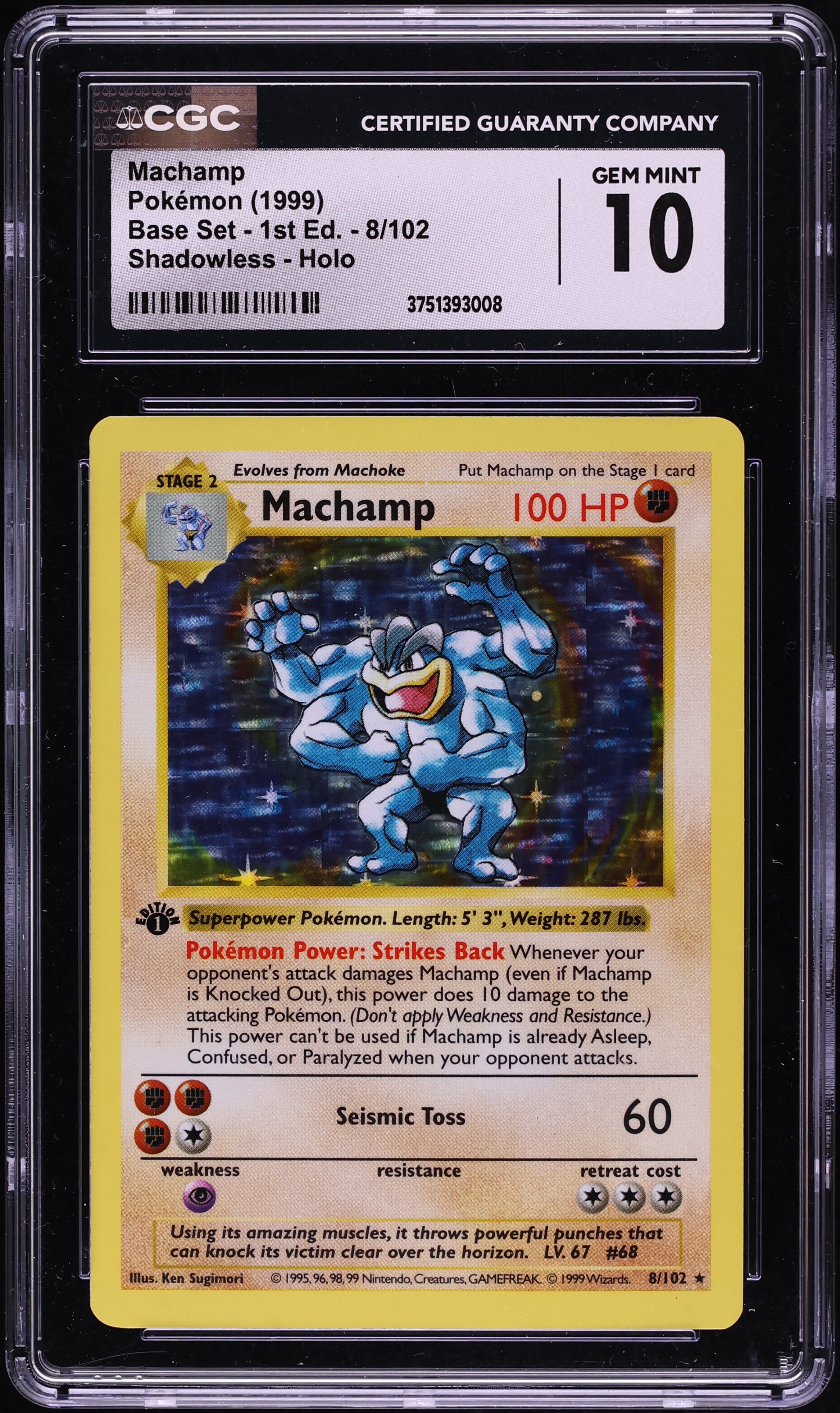 1999 Pokemon Base Set Shadowless 1st Edition Holo Machamp #8 CGC 10 GEM MINT