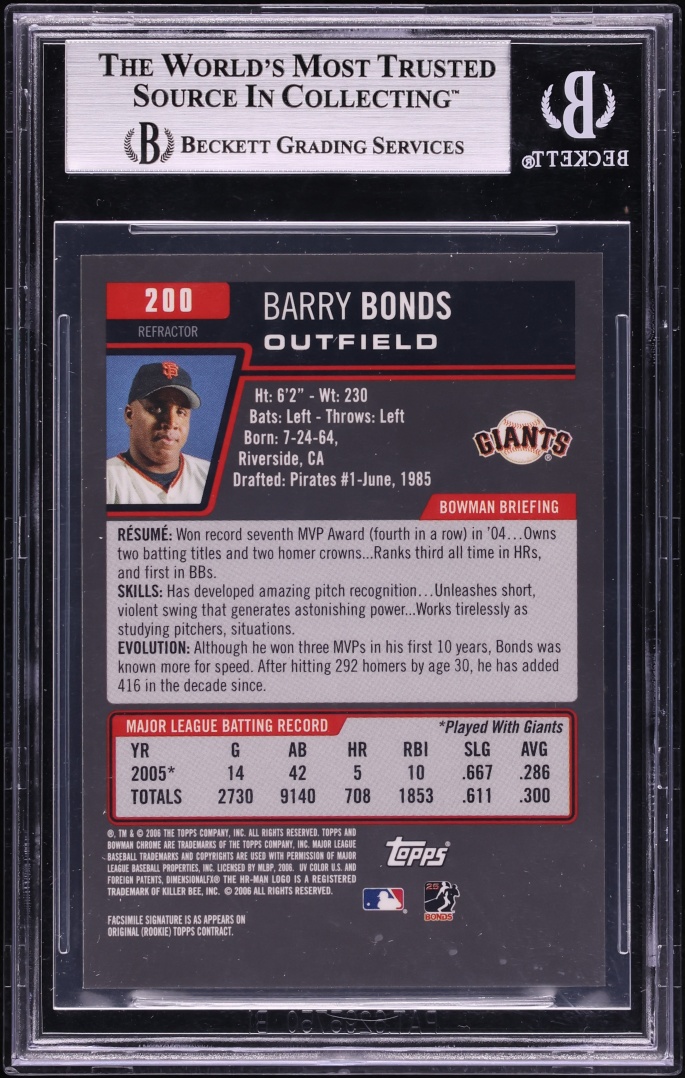 2006 Bowman Chrome Gold Refractor Barry Bonds #200 BGS 9 MINT - Photo 2