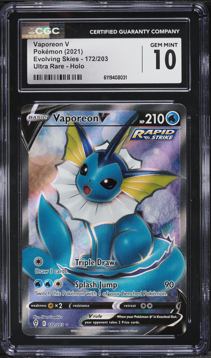 2021 Pokemon Sword & Shield Evolving Skies Full Art Vaporeon V #172 CGC 10 GEM MINT