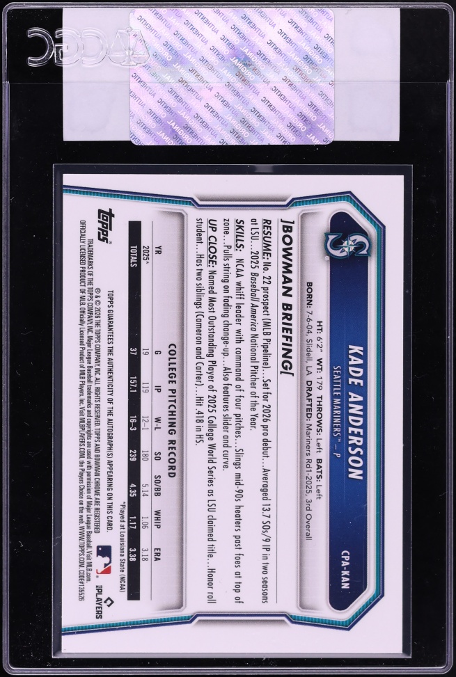 2026 Bowman Chrome Popcorn Refractor Kade Anderson PROSPECT AUTO /5 #CPA-KAN CGC AUTH