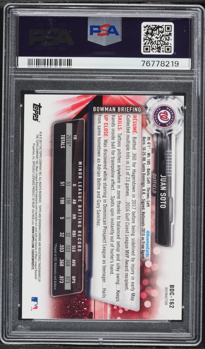 2017 Bowman Chrome Draft Refractor Juan Soto PROSPECT #BDC-162 PSA 9 MINT