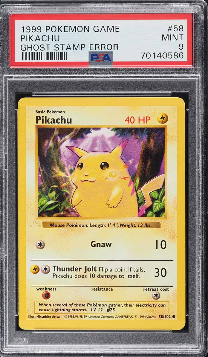 1999 Pokemon Base Set 1st Ed Ghost Stamp Error Yellow Cheeks Pikachu #58 PSA 9