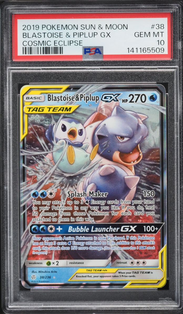 2019 Pokemon Sun & Moon Cosmic Eclipse Holo Blastoise & Piplup GX #38 PSA 10 GEM MINT