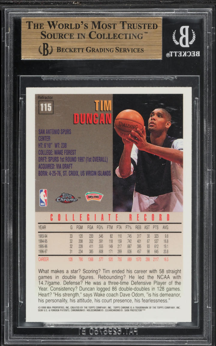 1997 Topps Chrome Refractor Tim Duncan ROOKIE #115 BGS 9.5 GEM MINT