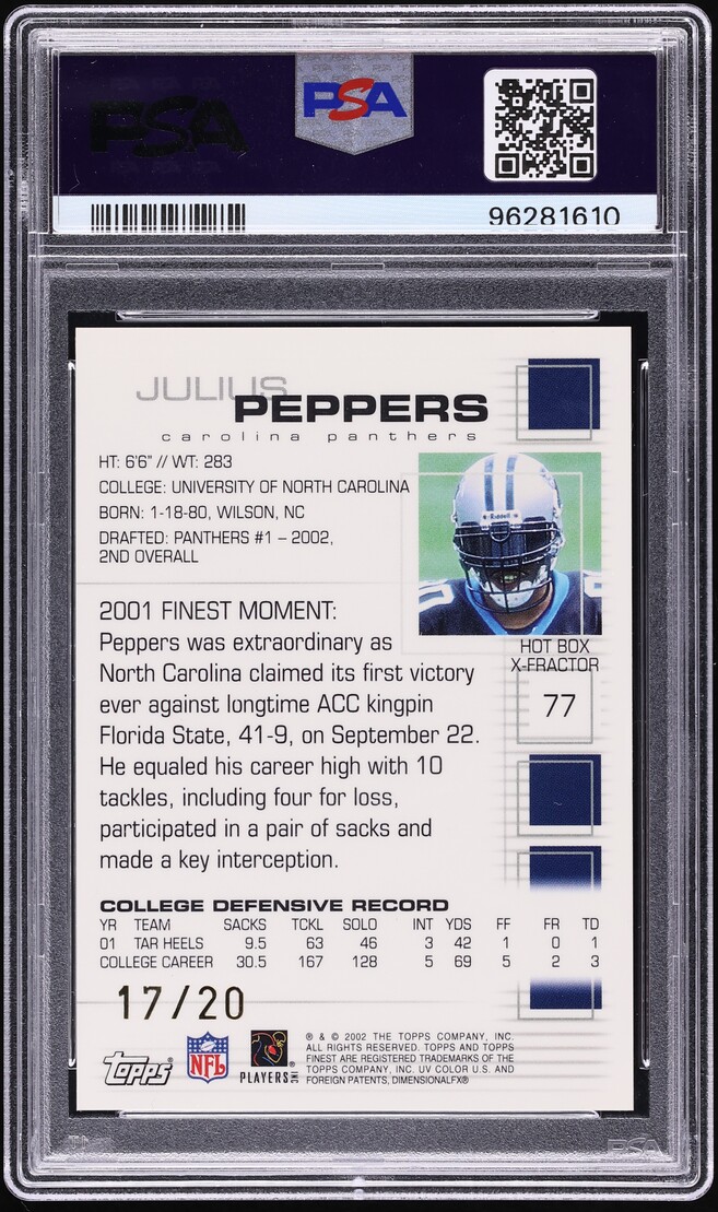 2002 Finest Xfractor Julius Peppers /20 #77 PSA 9 MINT