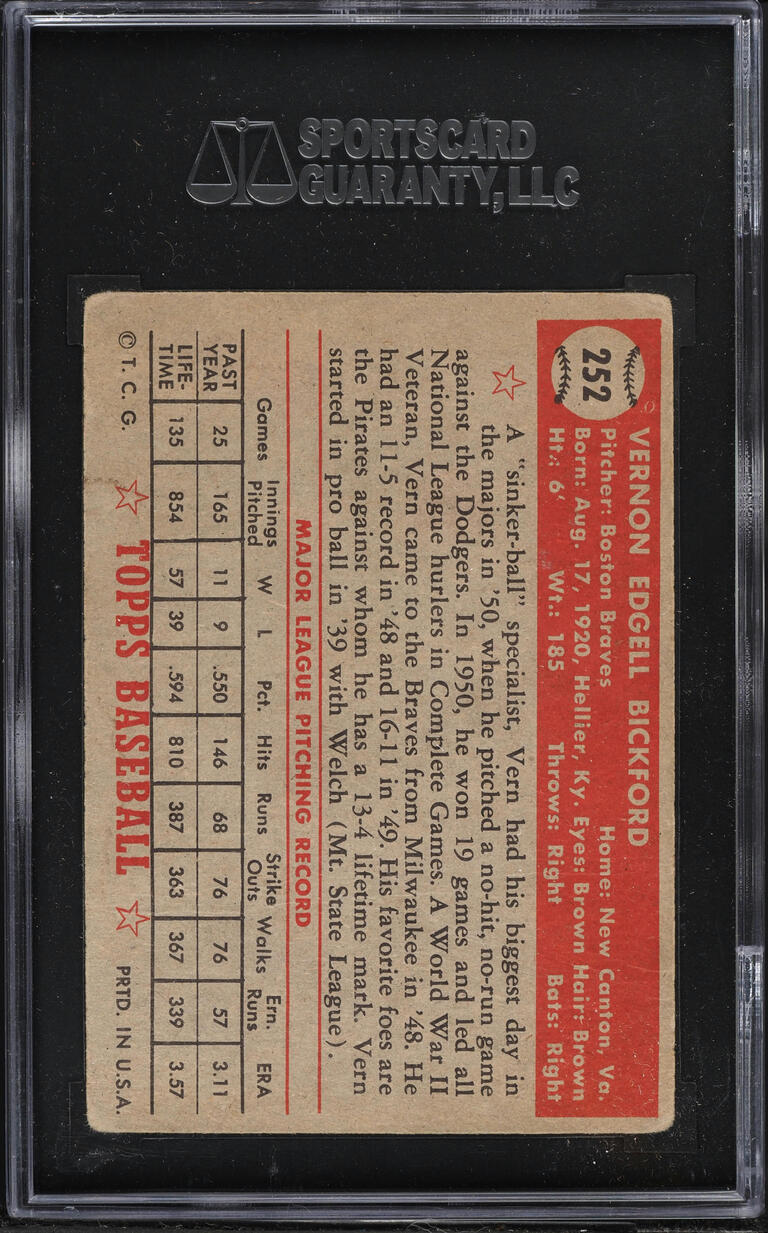 1952 Topps Vern Bickford #252 SGC 2 GD