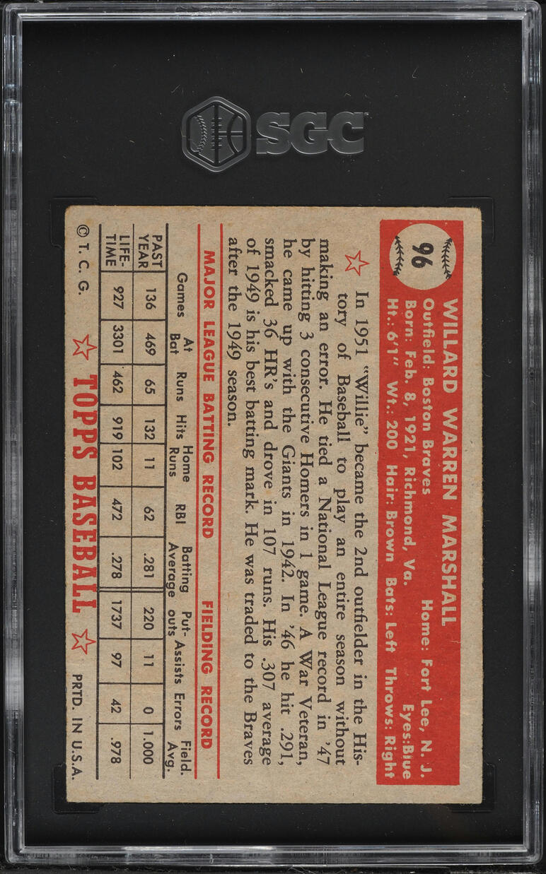 1952 Topps Willard Marshall #96 SGC 1.5 FR
