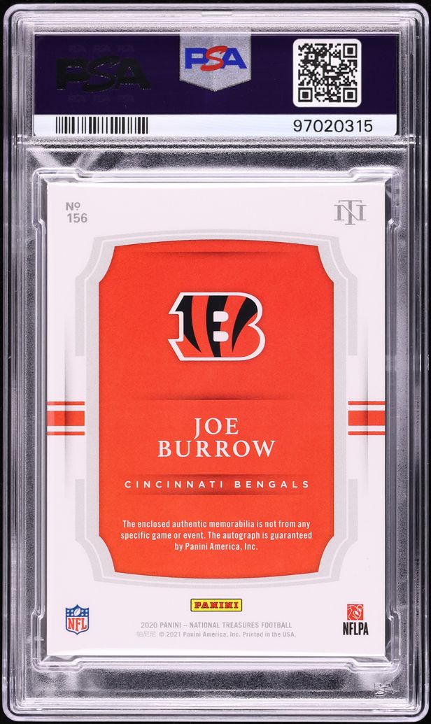 2020 National Treasures Holo Gold Joe Burrow ROOKIE PATCH AUTO /10 #156 PSA 10