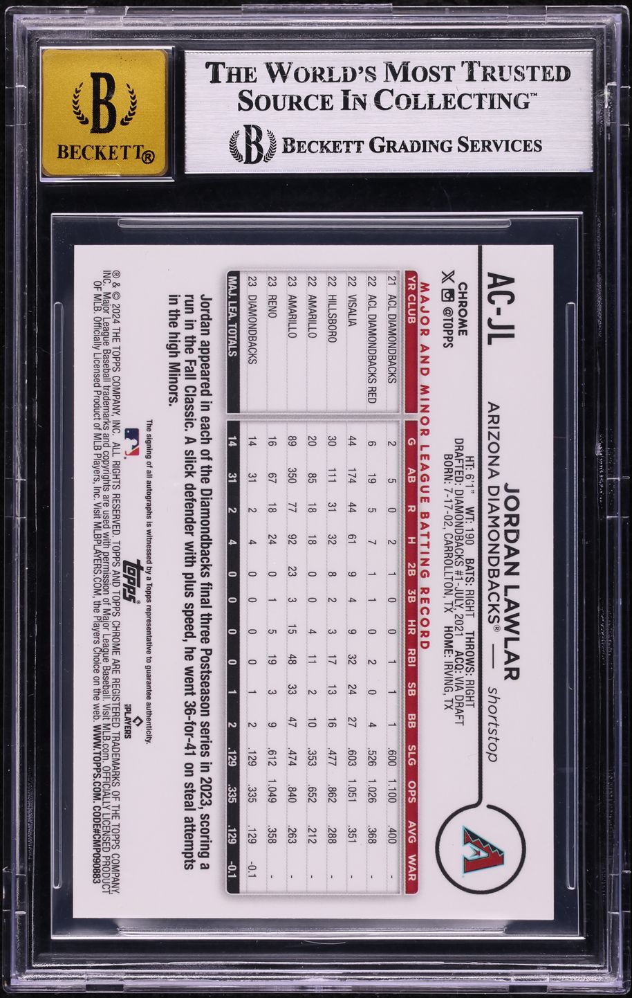 2024 Topps Chrome Update Aqua Wave Refractor Jordan Lawlar RC AUTO /199 BGS 9