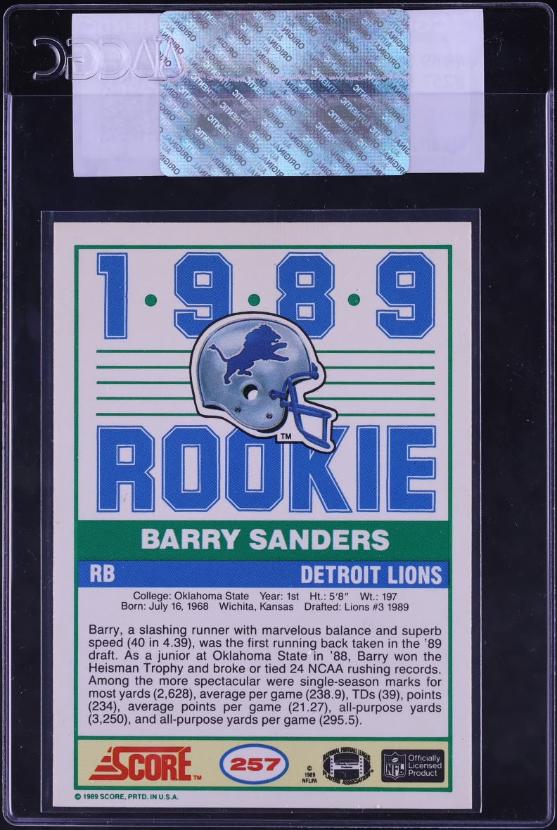 1989 Score Football Barry Sanders ROOKIE #257 CGC AUTH