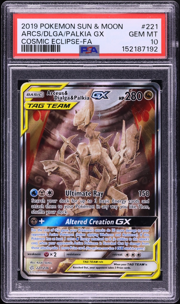 2019 Pokemon Sun & Moon Cosmic Eclipse Alt Art Arceus & Dialga & Palkia GX #221 PSA 10 GEM MINT