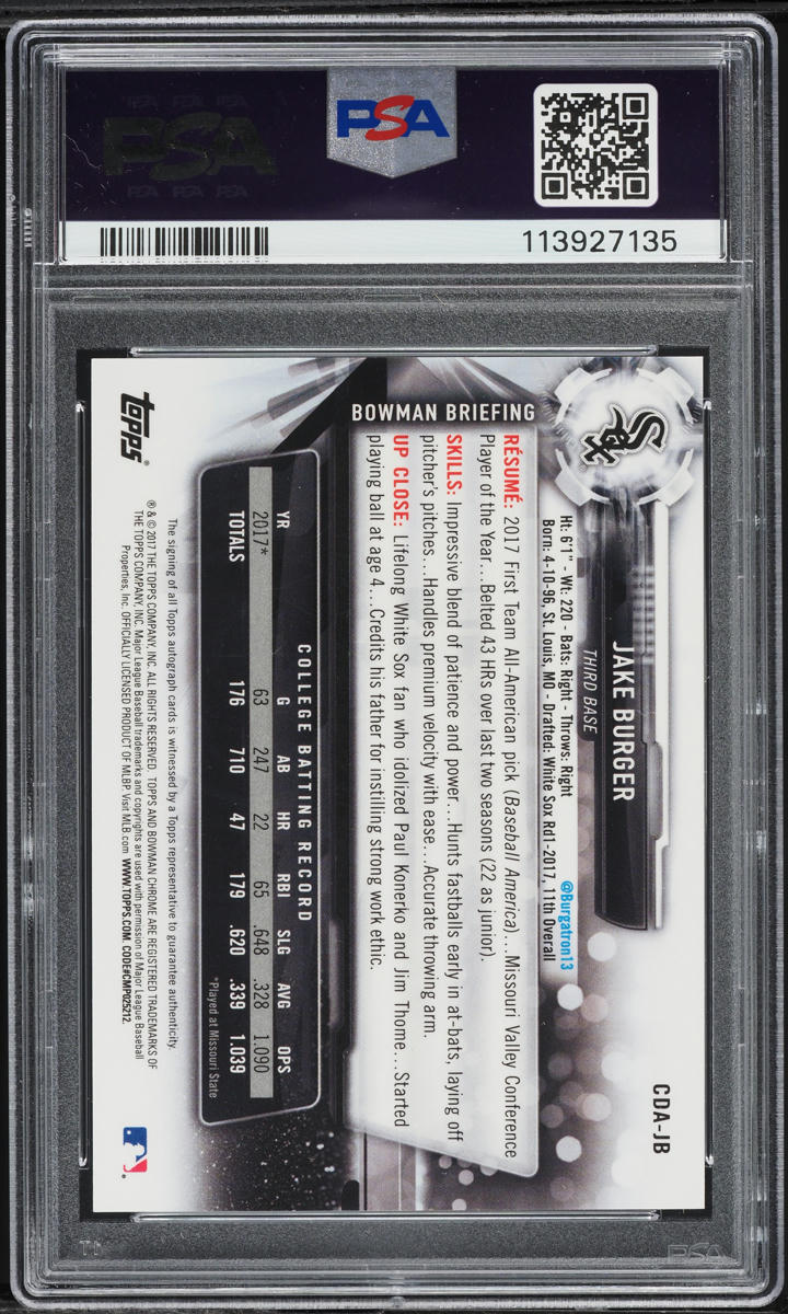 2017 Bowman Chrome Draft Picks Jake Burger ROOKIE AUTO #CDAJB PSA 10 GEM MINT