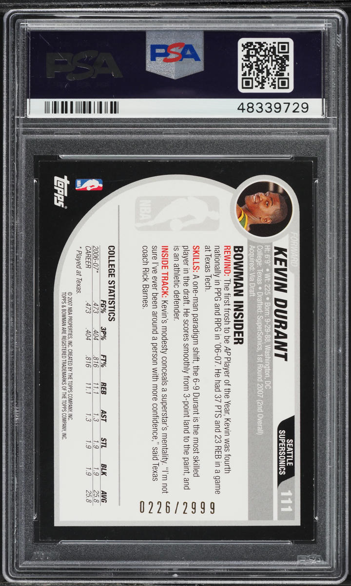 2007 Bowman Basketball Kevin Durant ROOKIE /2999 #111 PSA 8 NM-MT