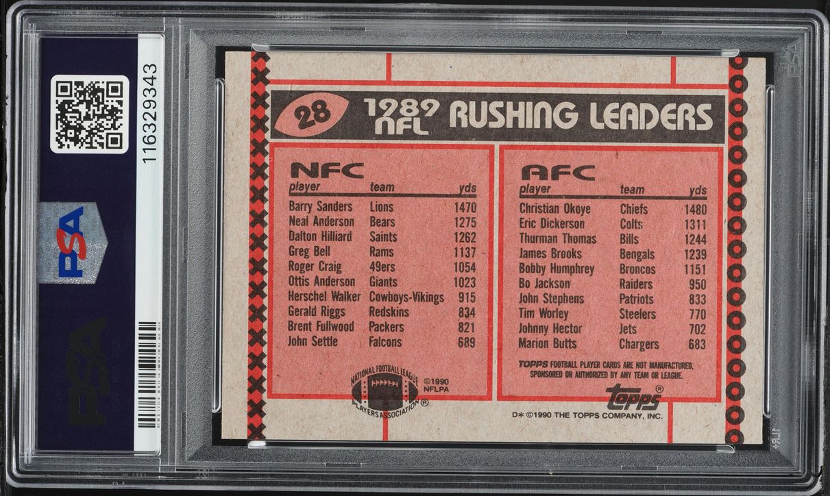 1990 Topps Football Barry Sanders & Christian Okoye RUSHING LEADERS #28 PSA 9 MINT
