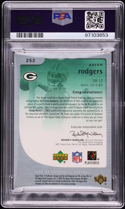 2005 SP Authentic Aaron Rodgers ROOKIE PATCH AUTO 5/5 #252 PSA AUTH