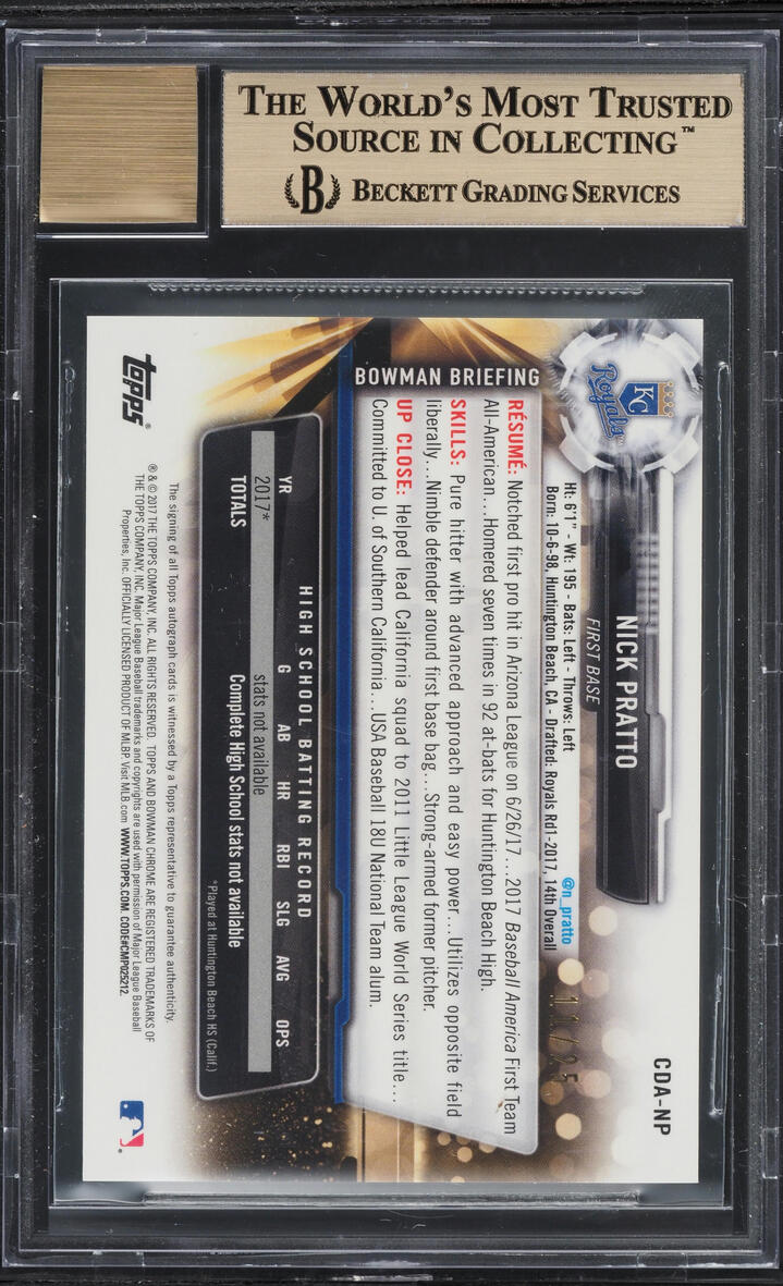 2017 Bowman Chrome Draft Orange Refractor Nick Pratto PROSPECT AUTO /25 BGS 9.5