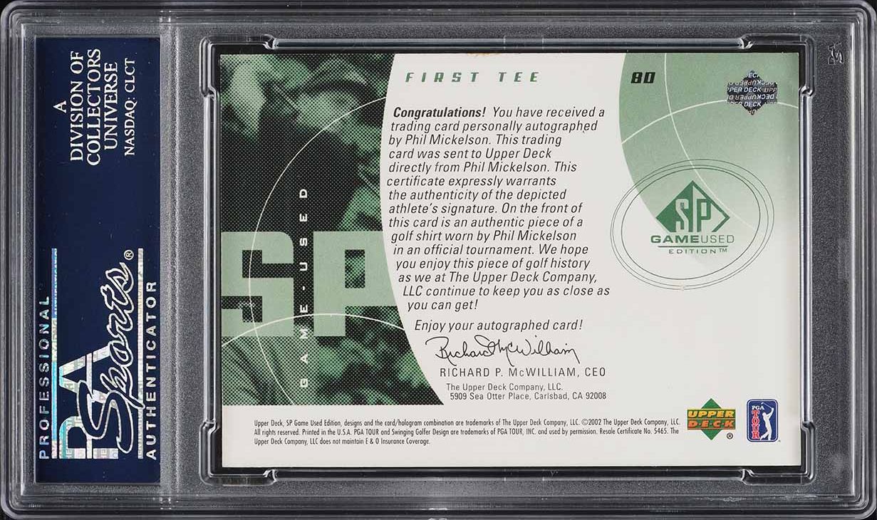 2002 SP Game Used Golf Phil Mickelson ROOKIE PATCH AUTO /250 #80 PSA 8 NM-MT