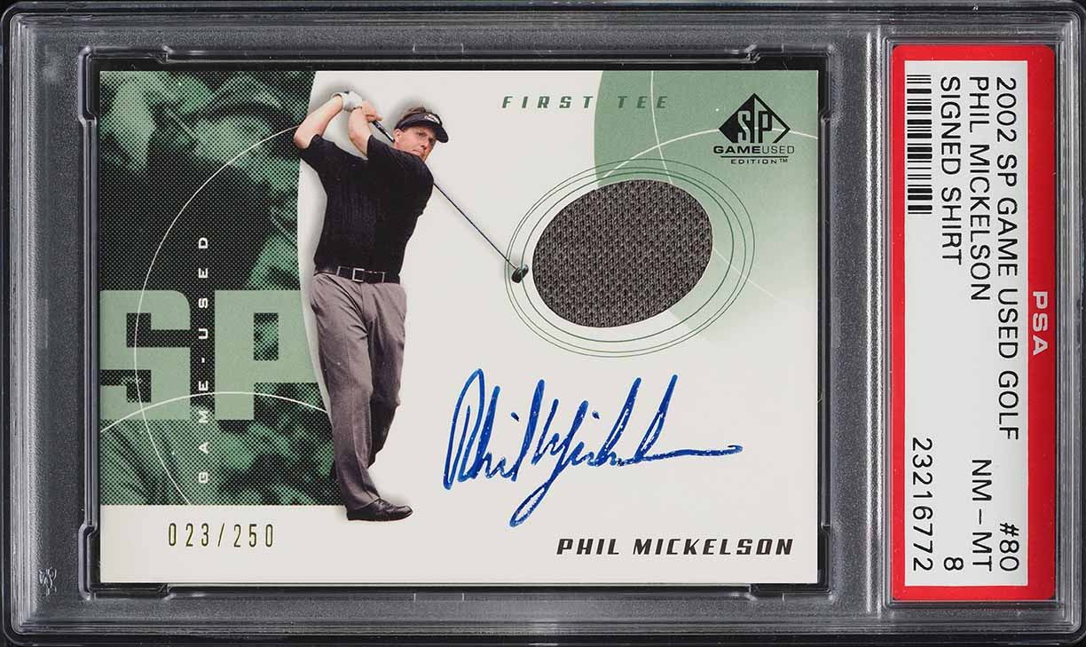 2002 SP Game Used Golf Phil Mickelson ROOKIE PATCH AUTO /250 #80 PSA 8 NM-MT