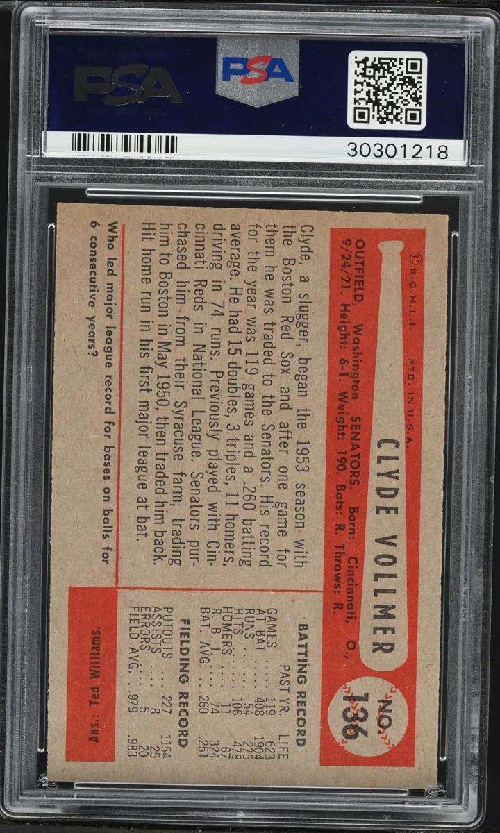 1954 Bowman Clyde Vollmer #136 PSA 8 NM-MT