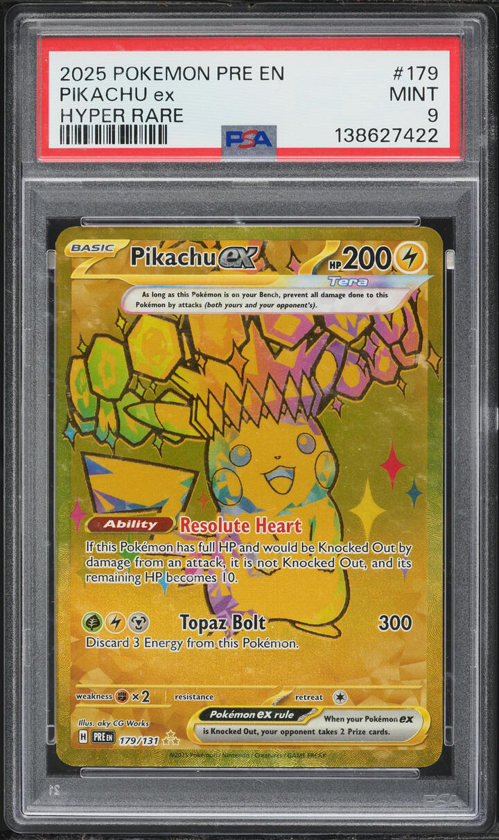 2025 Pokemon Scarlet & Violet Prismatic Evolutions Gold Rare Pikachu ex #179 PSA 9 MINT