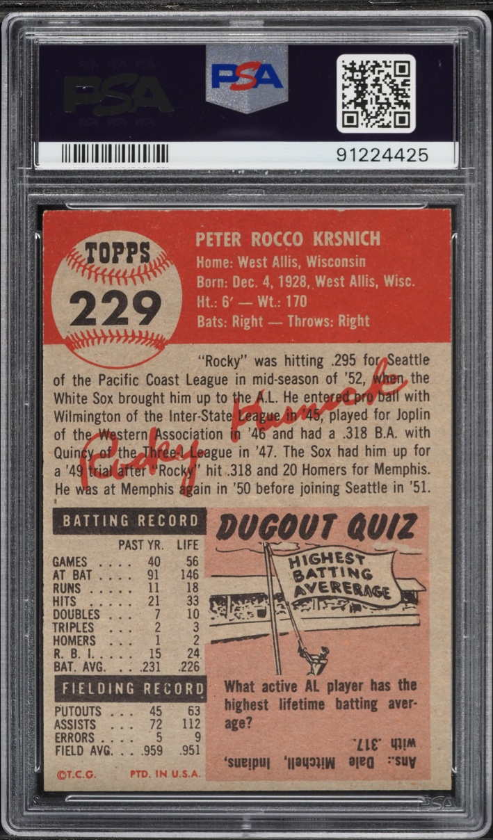 1953 Topps Rocky Krsnich SHORT PRINT #229 PSA 6 EXMT