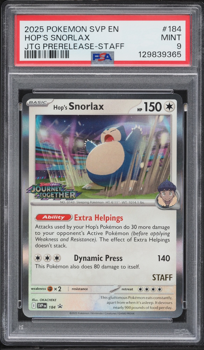 2025 Pokemon SV Promo Journey Together Prerelease Staff Hop's Snorlax #184 PSA 9 MINT