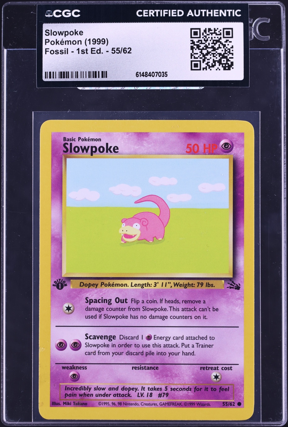 1999 Pokemon Fossil 1st Edition Slowpoke #55 CGC AUTH