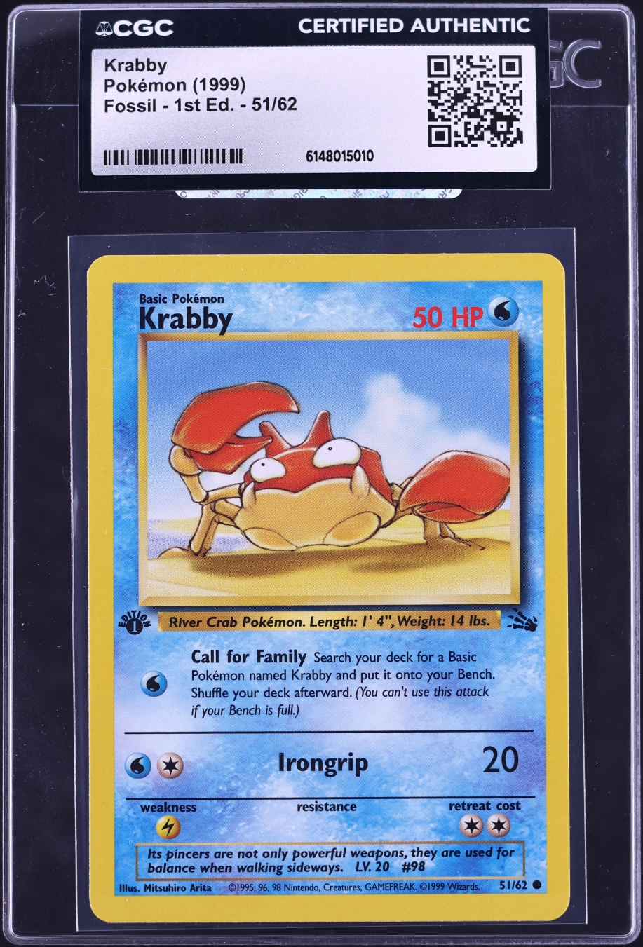 1999 Pokemon Fossil 1st Edition Krabby #51 CGC AUTH