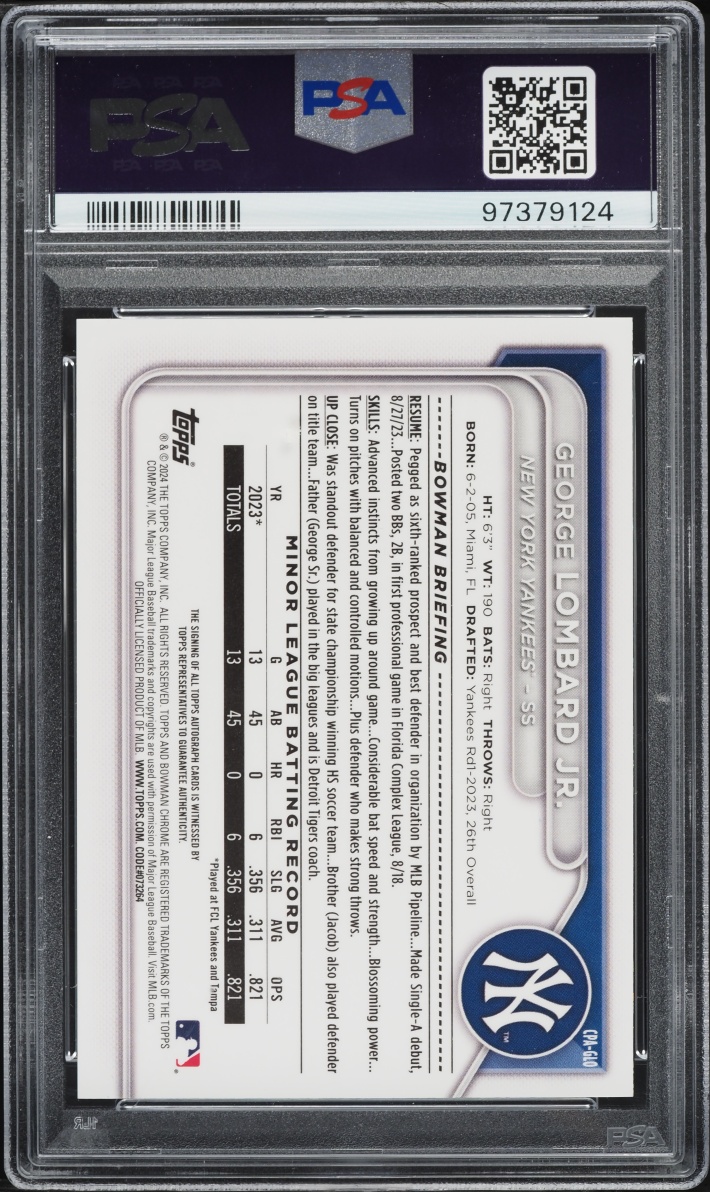 2024 Bowman Chrome Mini Diamond Ref George Lombard Jr. PROSPECT AUTO /100 PSA 10 GEM MINT