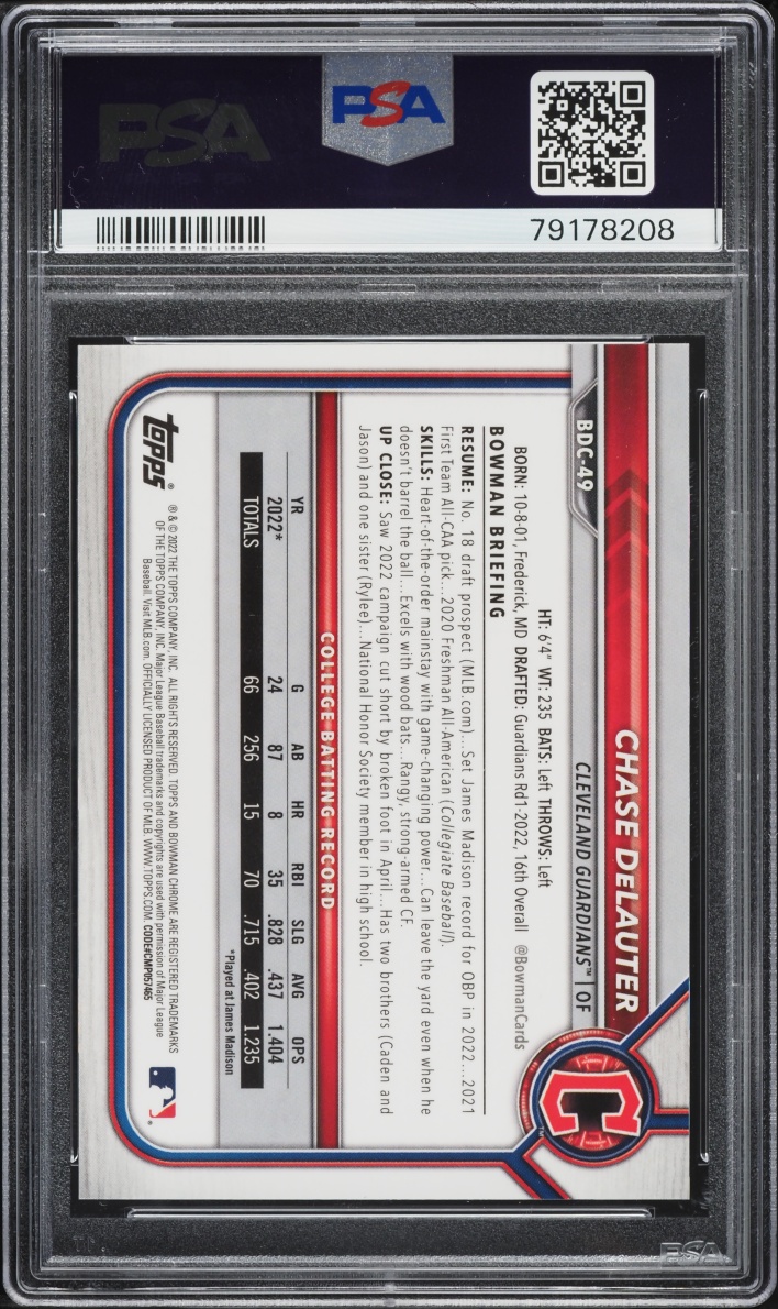 2022 Bowman Chrome Draft Sapphire Purple Chase Delauter PROSPECT 10/10 #BDC49 PSA 9 MINT